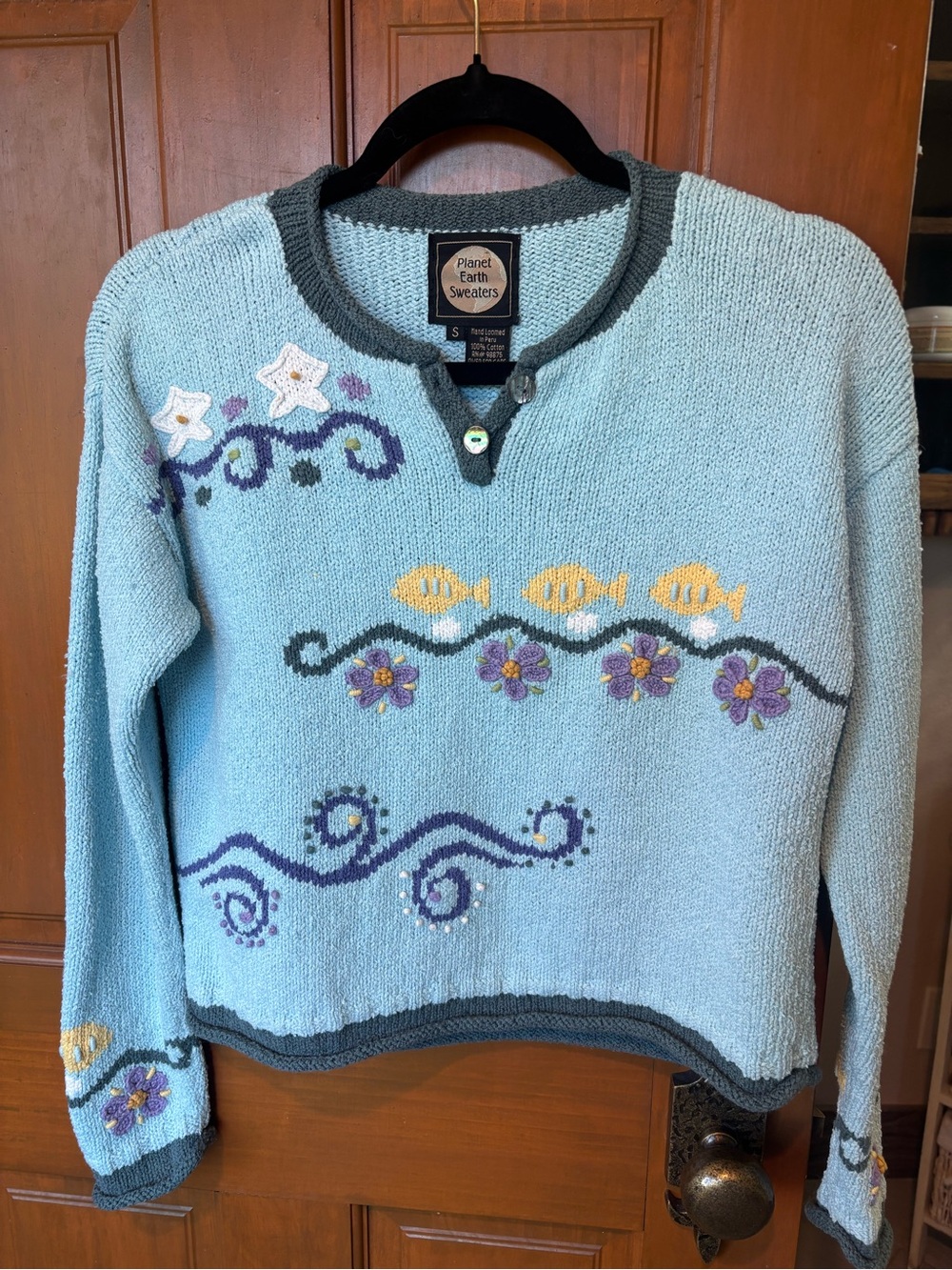 Planet Earth Light Blue Floral & Fish Knit Pullover Sweater